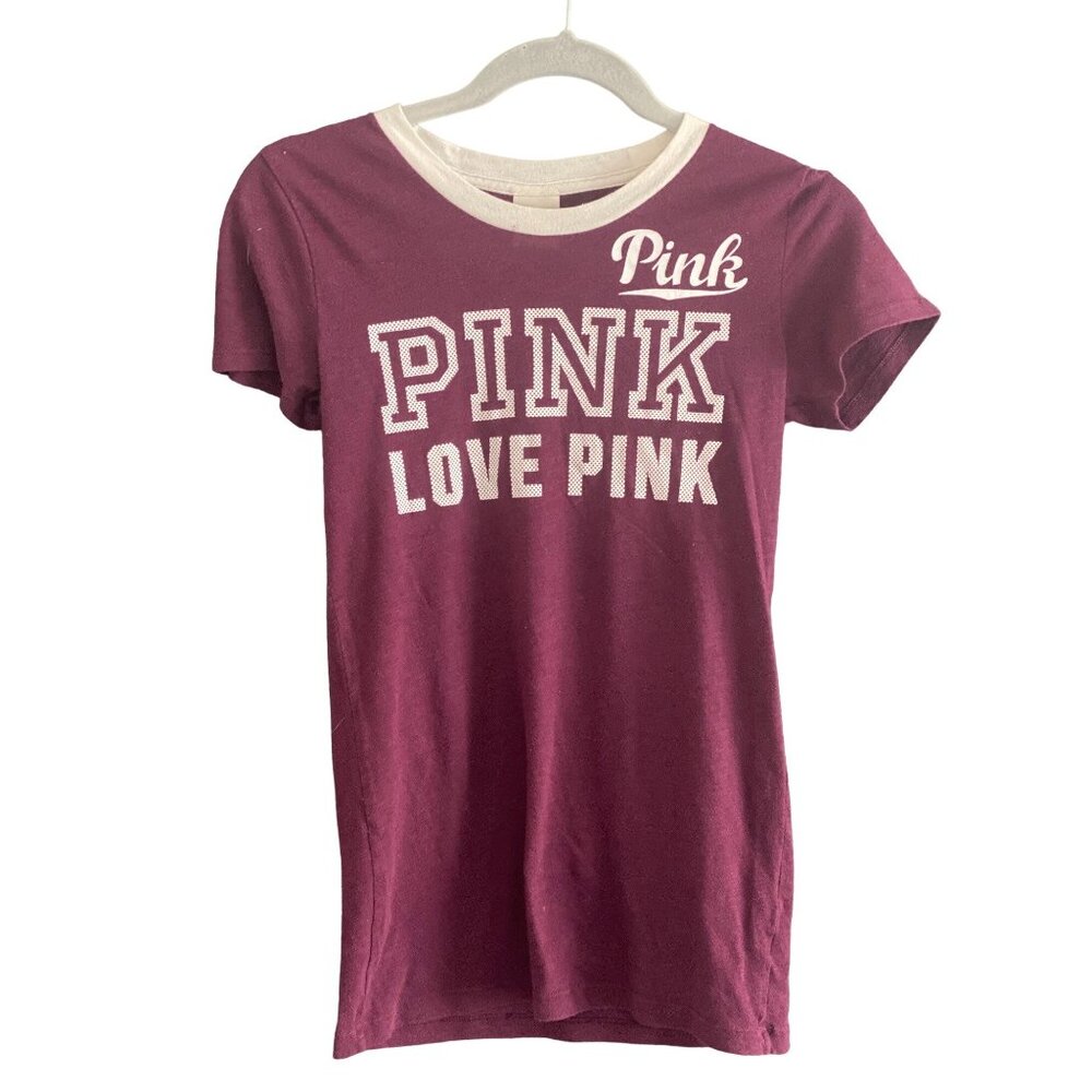 PINK Victoria’s Secret Ringer Maroon Womens Juniors Tee XS Love Pink